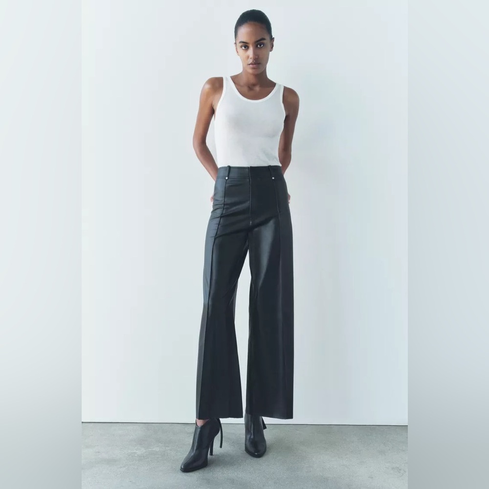 Zara Faux Leather Pants NWT Sz XS zipper fly stitch detail high rise black flare